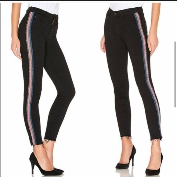 Mother High Waist Looker Ankle Fray Guilty Glitter Racer Skinny Jeans Black